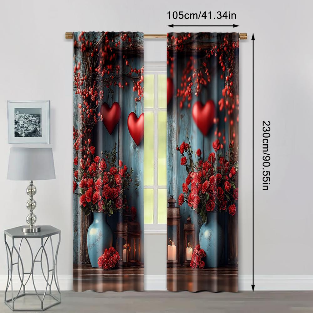 2pc, Romantic Valentine's Day Curtains Red Wood Theme Polyester,Without Electricity Holiday Decorations for aesthetic room