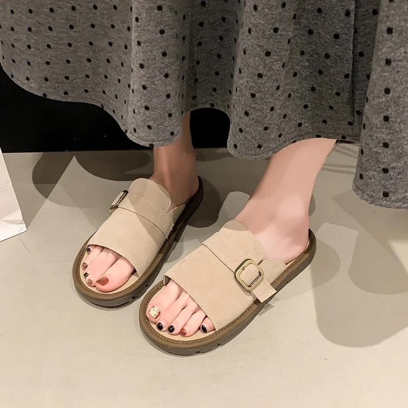 Summer Women Suede Leather Flat Slippers Plus Size Buckle Non-Slip Sandals Casual Breathable Woman Fashion Platform Shoes