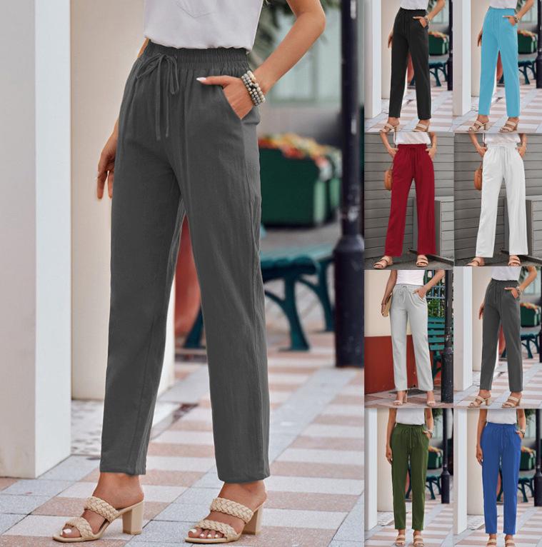 Herbst Damen Baumwoll-Leinen Kordelzug Weitbein Hose