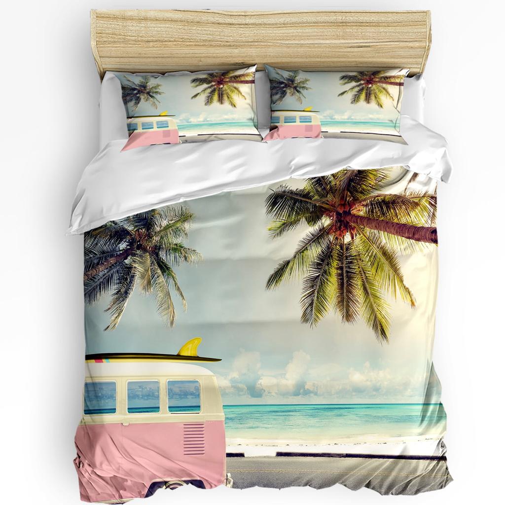 Seashore Duvet Cover Set Queen Size Splashing Waves On Sandy Beach Coconut Palm Trees Scenic Island View Warm Soft Breathable