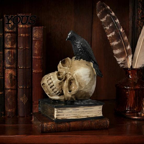 Halloween Party Atmosphere Props Skull Head Statue, Gothic Crow And Book Sculpture, Retro Resin Decor for Spooky Statue Home Table