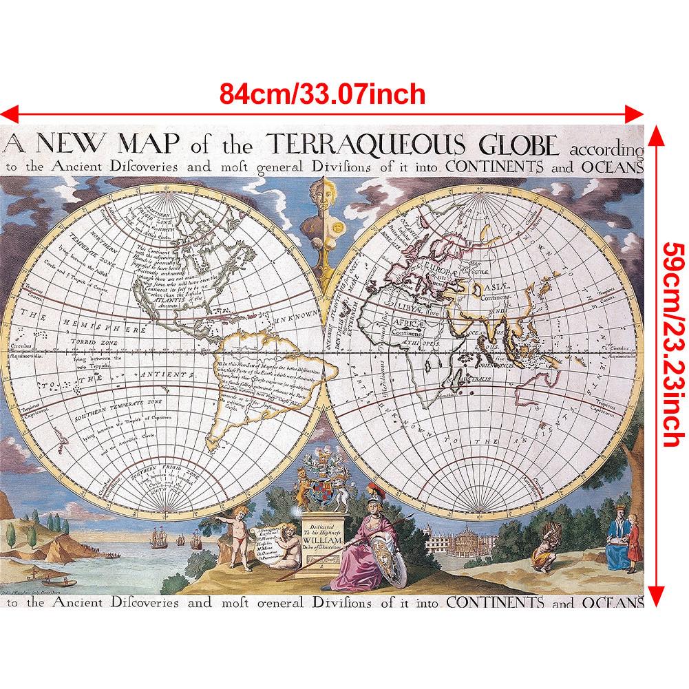 Vintage 1700 World Map Poster Retro Terraqueous Globe Canvas Print Antique Map Wall Art for Living Room Office Home Decor Unframed