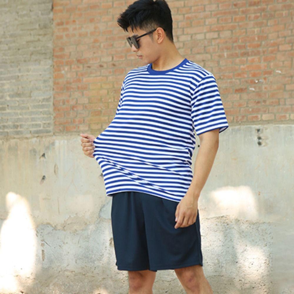 Sea Soul Shirt Oversized Stripe T-Shirt Crew Neck Man's Short Sleeved Top Breathable Summer
