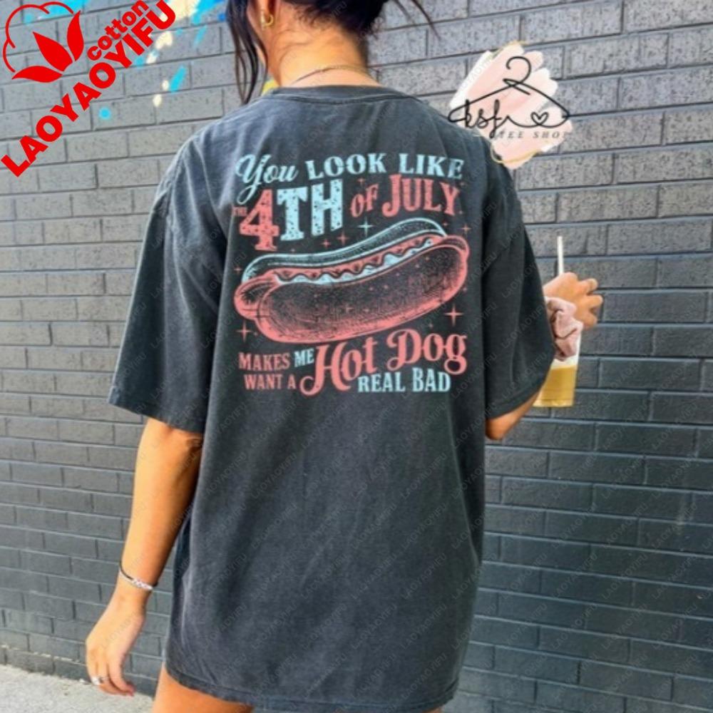 Hot Dog 4th Of July Tshirt Unisex Clothes Kawaii Clothes Ropa Mujer Y2k Top Aesthetic Clothes
