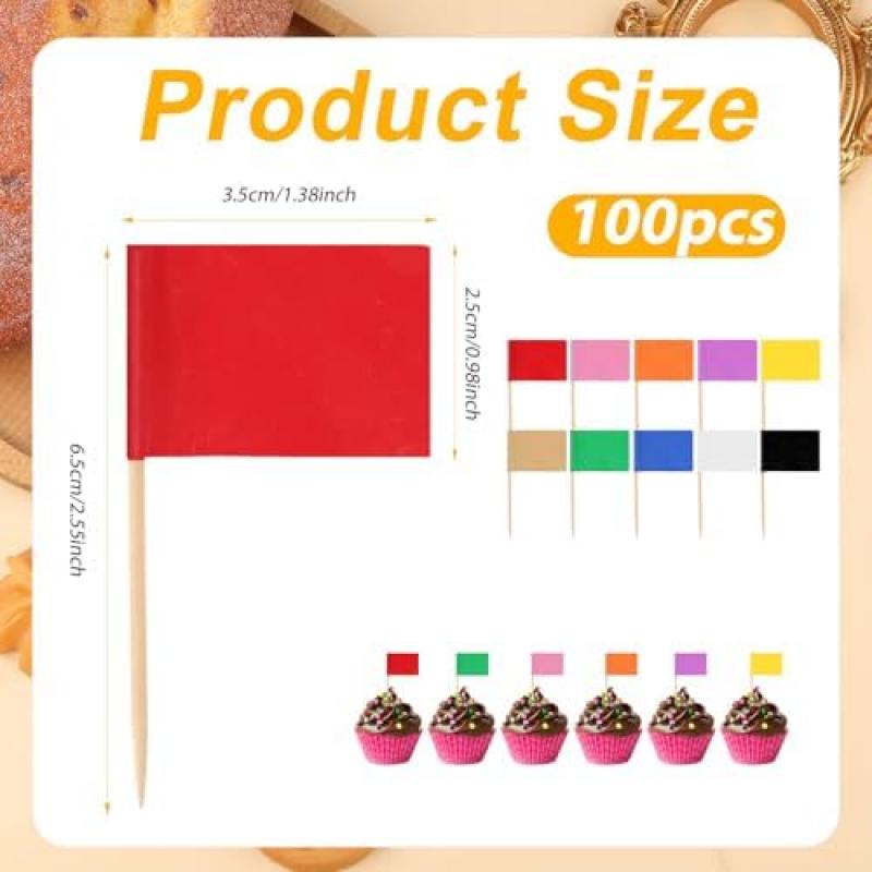100pcs Colorful Blank Toothpick Flags, 10 Colors Rectangular Food Toothpick Flags, Solid Color Toothpick Labels for Party Cupcakes Appetizers Decor