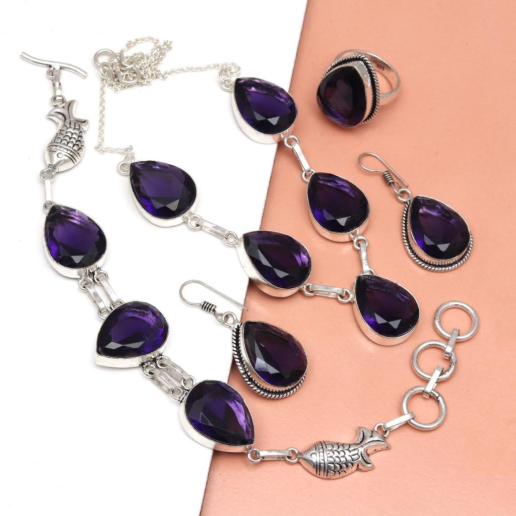 Set Amethyst Pendant Earrings Girls Earring Necklace Sterling