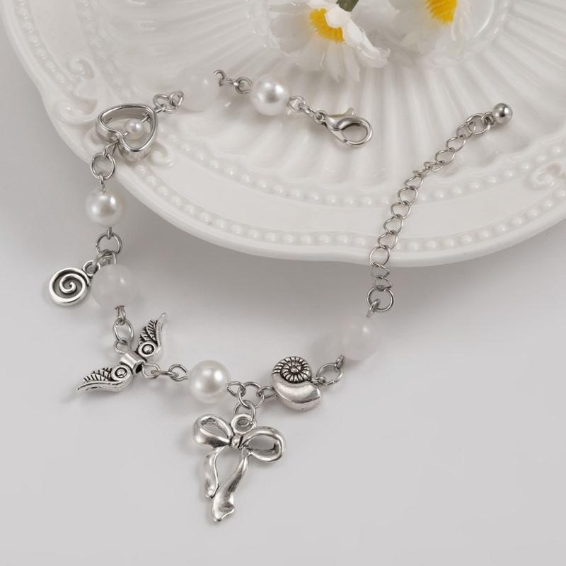 Faux Pearls Beaded Bracelet with Bowknot Pendant Butterfly Knot Charm Wristchain Adjustable Length Handchain Ornament