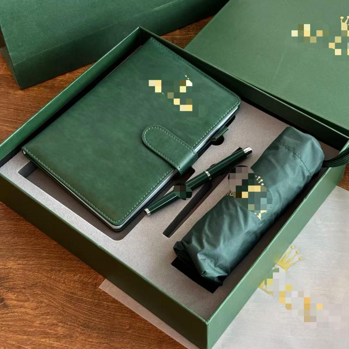 Premium Gift Box: Luxury Umbrella, Metal Pen & Genuine Leather Notebook Set зелёный