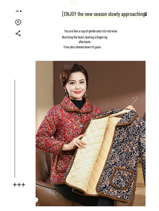Mom's Winter Plus Size Velvet Cotton Plaid Jacket for Middle-Aged & Elderly