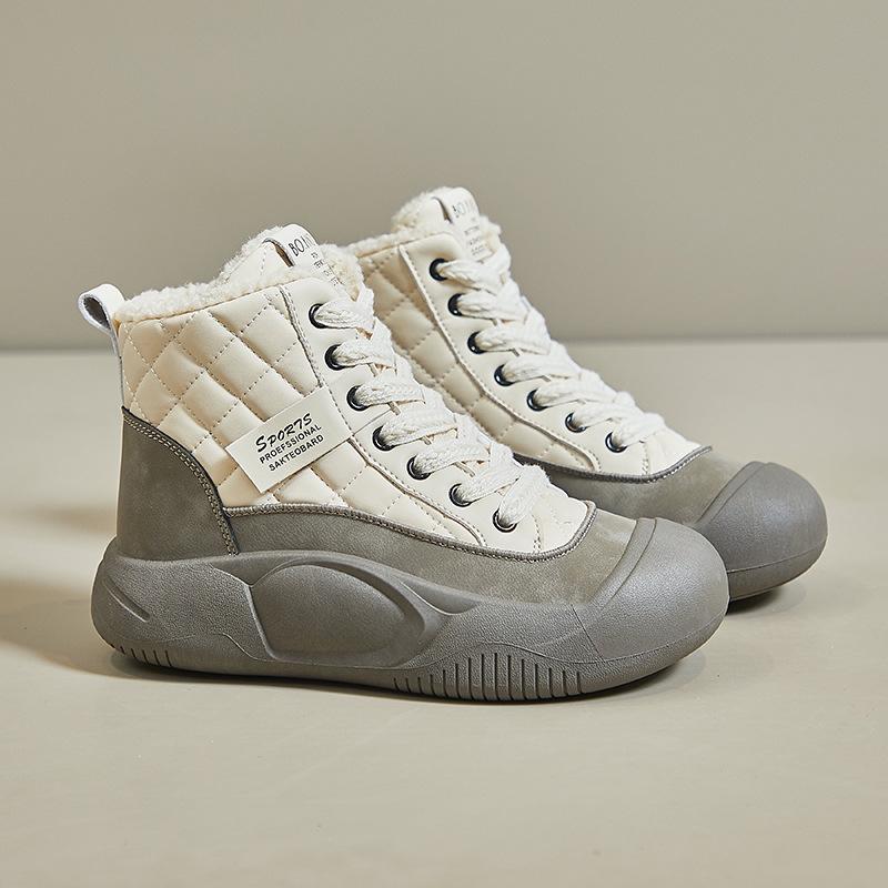 

Зимние бархатные высокие белые кроссовки 2024 года, новый корейский стиль для студенток, модная повседневная обувь на толстой подошве XFL30. 40 бежевый