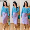 HOUZHOU Satin Silk Skirt Women Solid Purple High Waisted Summer Midi Skirt Elegant Chic Office Ladies Wear Trend