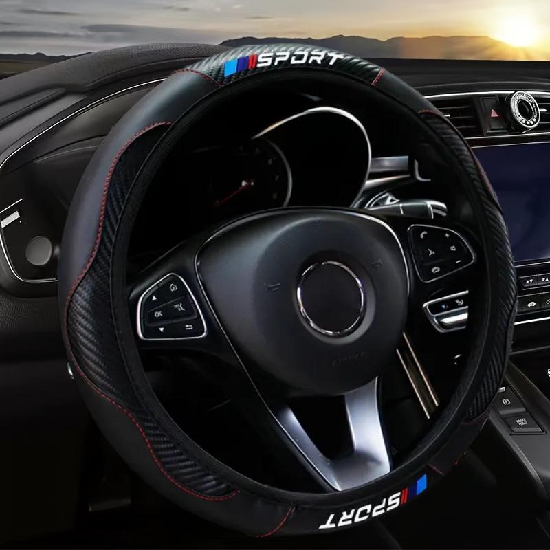 38cm Potah volantu z imitace kůže se vzorem karbonových vláken, Protiskluzový, Sportovní styl, Pro všechny sezóny