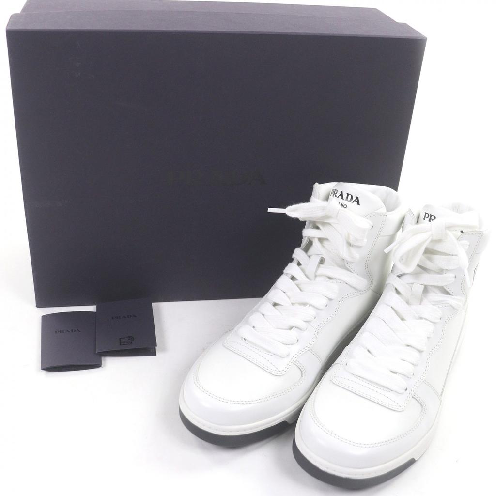 Vynikající PRADA Vysoké tenisky Trojúhelníkové logo bílá kůže Pánské 6 1T638M Použité