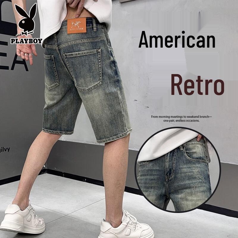 PLAYBOY Men s Vintage Distressed Denim Shorts 33