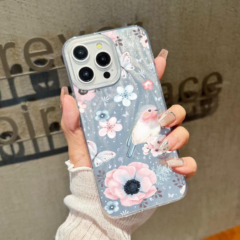 

Тонкий блестящий чехол для телефона с цветочным принтом для iPhone 16 Pro Max 15 14 Pro 13 12 11, сверкающий перьями, ударопрочный, прозрачный, с мягким краем, жесткий чехол для задней панели из поликарбоната iPhone 11 бежевый