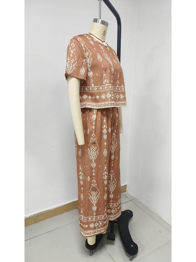 Elegant Color Block Ethnic Print Top & Straight Leg Pants Set for Women