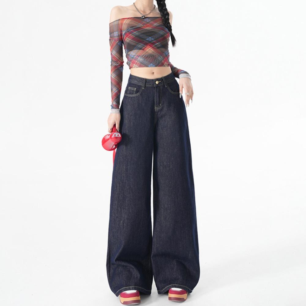Trendy Personalized Design Straight Jeans Women's Spring and Autumn New High-waisted and Thin Wide-leg Floor-mopping Jeans