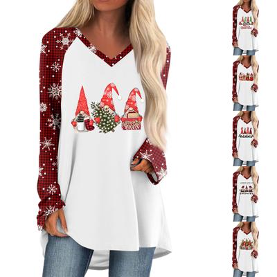 Women's Autumn And Winter Long Sleeved V-neck Christmas Printing Casual Long Loose T-shirt Top