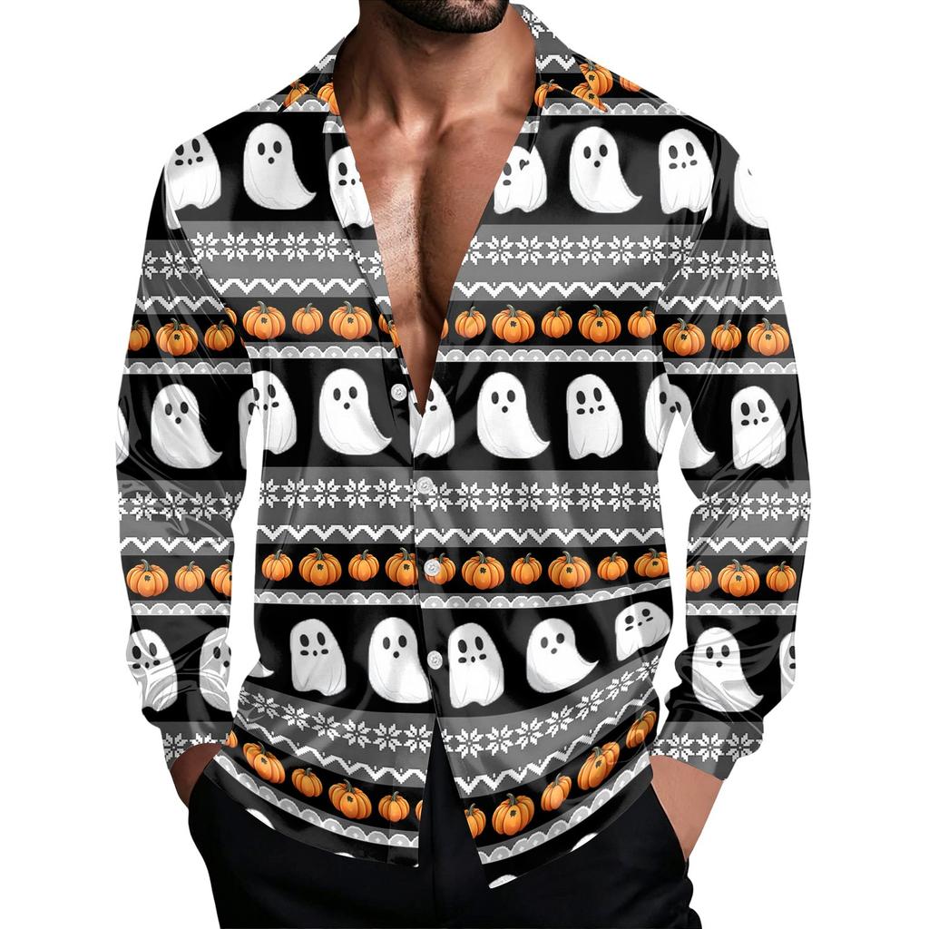 Men's Casual Loose Fit Breathable Shirt Jacket with Turn-Down Collar for Halloween Spring and Fall