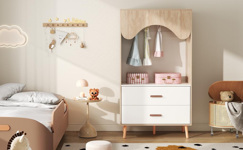 Children's Wardrobe, Wardrobe with Clothes Rail, with Drawers, Open Wardrobe, Solid Wood Handles, Made of Chipboard, White+natural Wood, 80×46×141,5cm