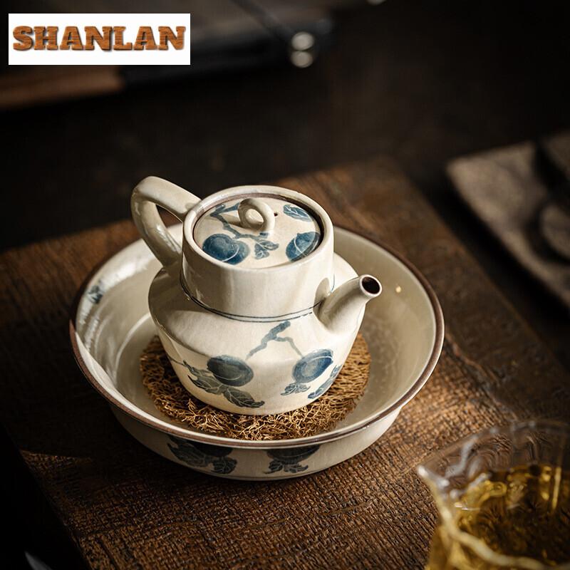 145ml Antique Blue and White Teapot Retro Hand-painted Spring Peach Pot Tea Maker Kettle Tea Services Teaset Supplies Ornaments