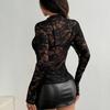 Seet Through Mesh Lace Women Blouse Spring Black Long Sleeve Jacquard Shirt Sexy Semi Transparent Slim Fit Top Female Streetwear Solid Color Clothing