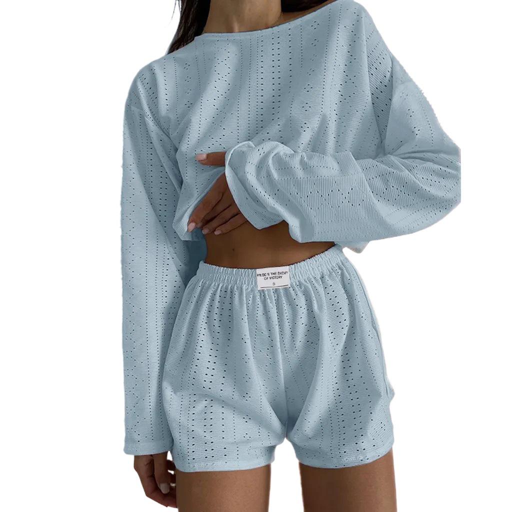 Europäischer und amerikanischer Damen Frühling/Sommer Slim-Fit Set: Lockeres Pullover-Top & Shorts, Schlichter, modischer, vielseitiger Stil