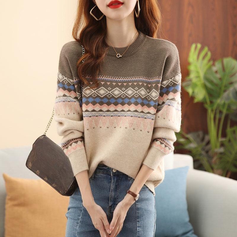 Sweater Women Loose Large-sized Round-neck Pullover for Women Korean-style Retro Color-blocked Knitted Sweater for Autumn and Winter