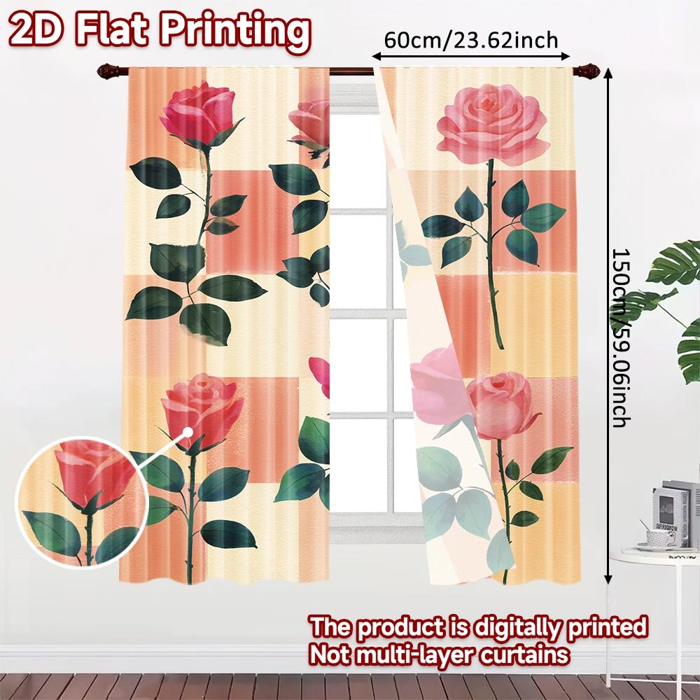 2D FLAT PRINTING 2pcs Curtains (Without Rod) Floral Pink Rose Design Saint Patrick Is Day Festival Creative Curtains Versatile