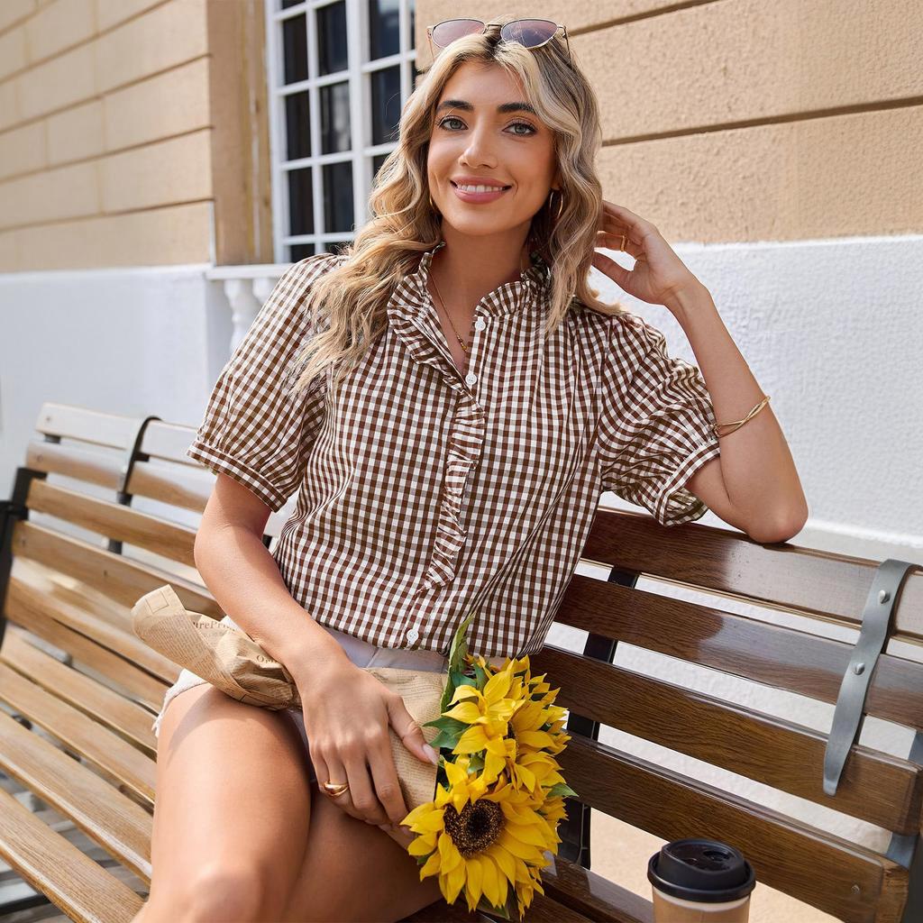 Camisa informal a cuadros de manga corta holgada con botones para mujer