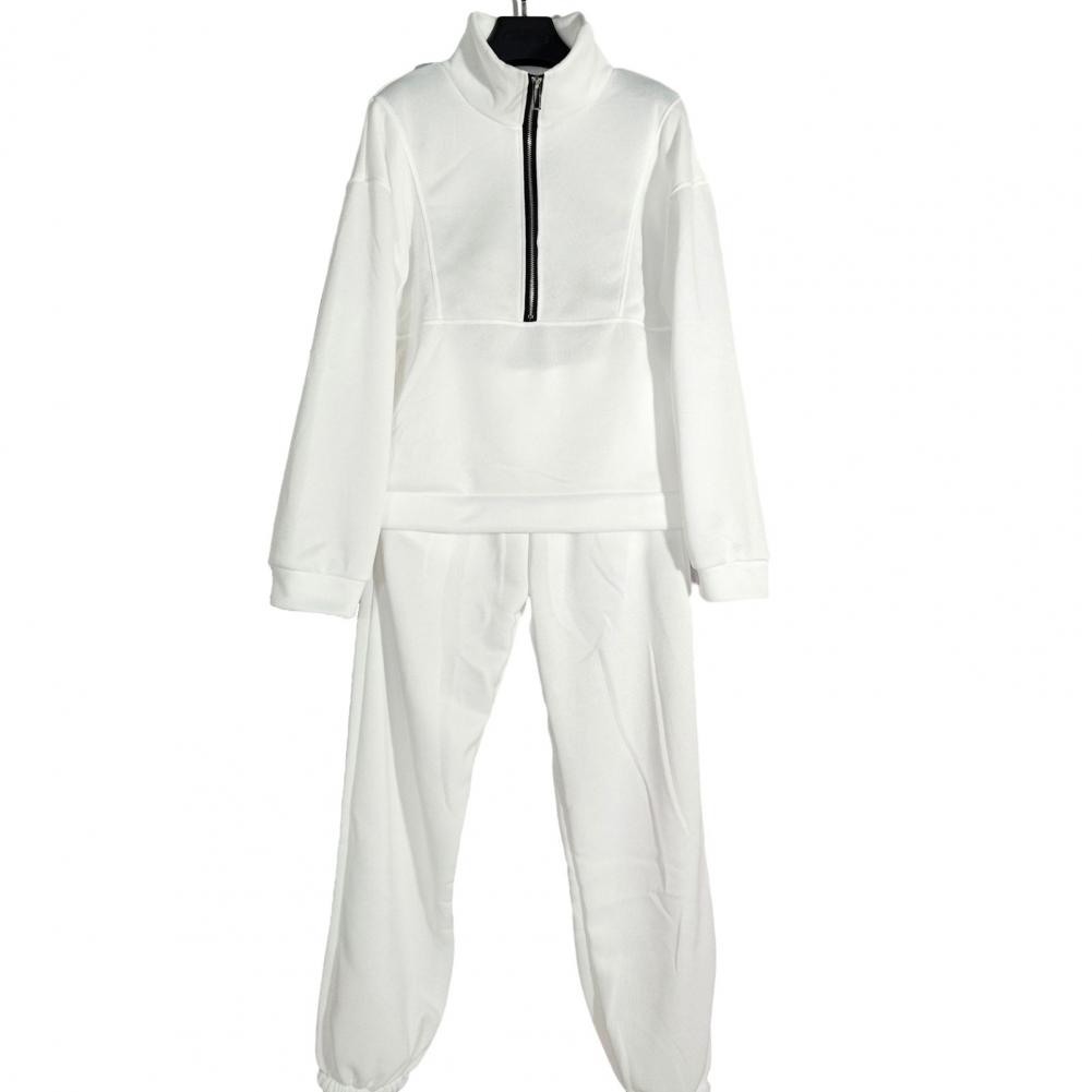 2 Pcs/Set Fall Winter Sweatshirt Pants Set Stand Collar Long Sleeve Loose Zipper Thick Warm Solid Color Elastic Waist Trousers T