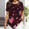 Women Plus Size Short Sleeve Asymmetric Hem Top Pink Heart Floral Vintage Dark Background Print Blouse