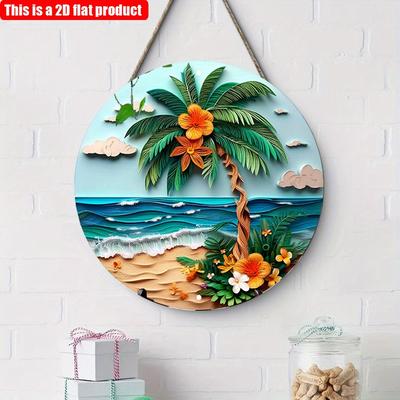 2D Flat 20*20cm1pc Tropical Beach Scenepalm Tree&colorful Flowers&waves Sign Door Signage, Blue Sky Beach Palm Tree Theme Wooden Round Wall Decor