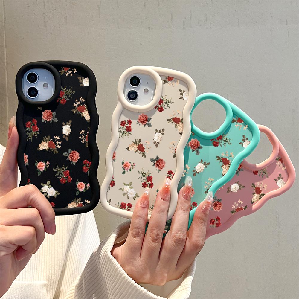 Red White Roses Pattern Soft Phone Cover for iPhone 11 12 13 14 15 Pro Max 6 6S 7 8 Plus Xs Wave Edge Shockproof Protective Rubber Case