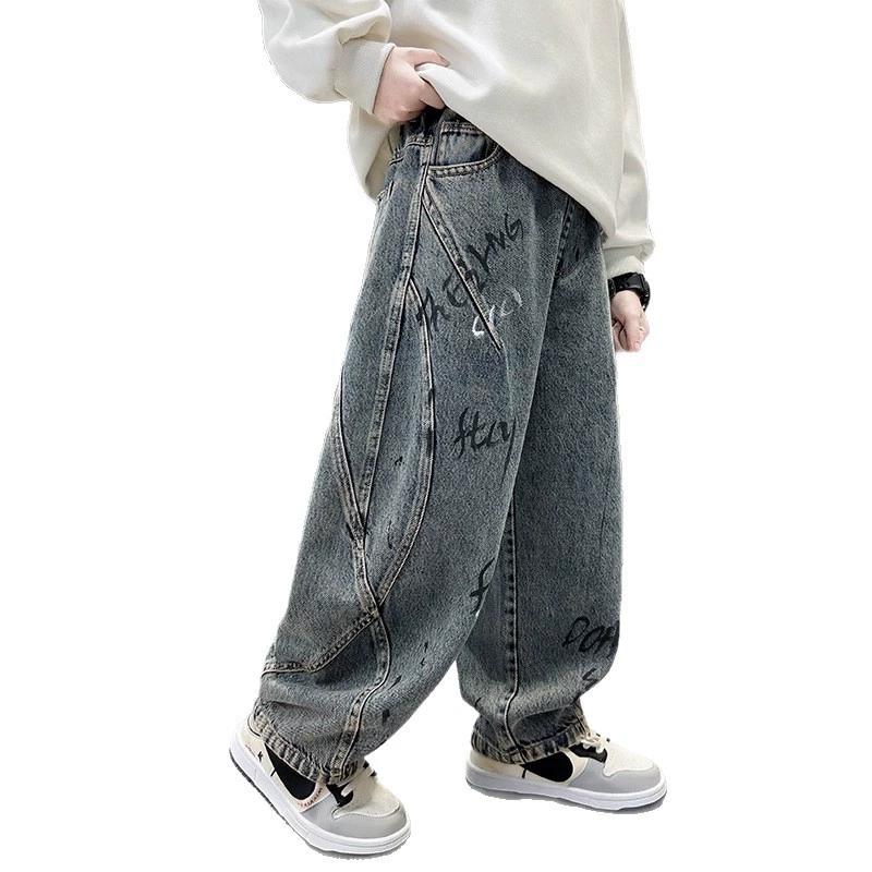 Four Seasons Kinder Isolierte Distressed Jeans mit Buchstaben für Jungen Dicke Thermische Denimhosen Kinderhosen