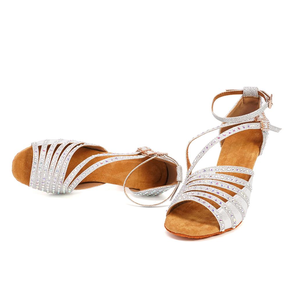 Women Latin Dance Shoes Shining Rhinestone Dancing Shoes Flare Heel 9cm Narrow Foot Adjust Width