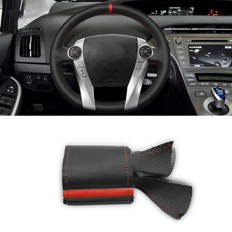 

Для Toyota Prius 30 XW30 2009 2010 2011-2015 Prius C US 2012-2017 Автомобильный чехол на руль с кожаной отделкой черный с красным