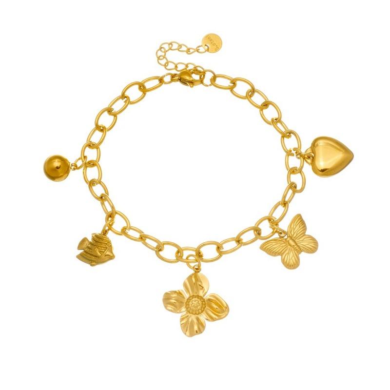 Gold Multi Charm Paperclip Chain Bracelet with Heart Butterfly and Flower