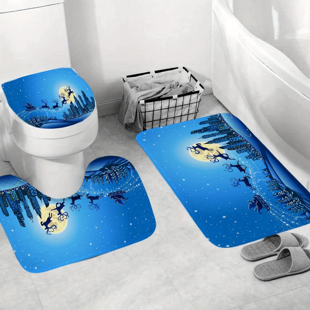 4Pcs Luxury  Christmas Elk Shower Curtain Sets for Bathroom Non-Slip Bathroom Rugs Lid Toilet Cover Bath Mat