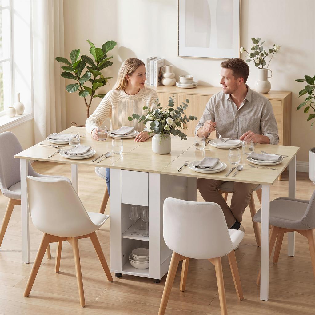 Folding Table for 6 People, 168 cm Large Extendable Dining Table with 2 Drawers & 4 Storage Compartments