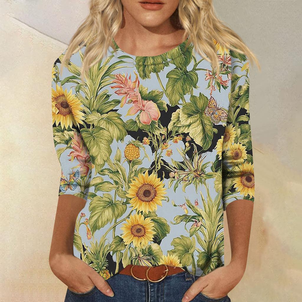 Women's Fashionable Casual Round Neck Three-Quarter Sleeve Printed T-Shirt Top