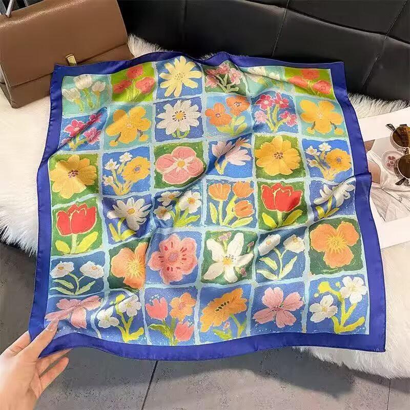 70x70cm Lightweight Cotton Silk Square Scarf With Boho Floral Print Breathable Neck Wrap Women