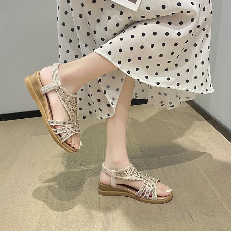 2025 Summer New Korean Version of Rhinestone Side Empty Women's Shoes Elastic Mouth Roman Shoes Lightweight Flat Mother Sandals