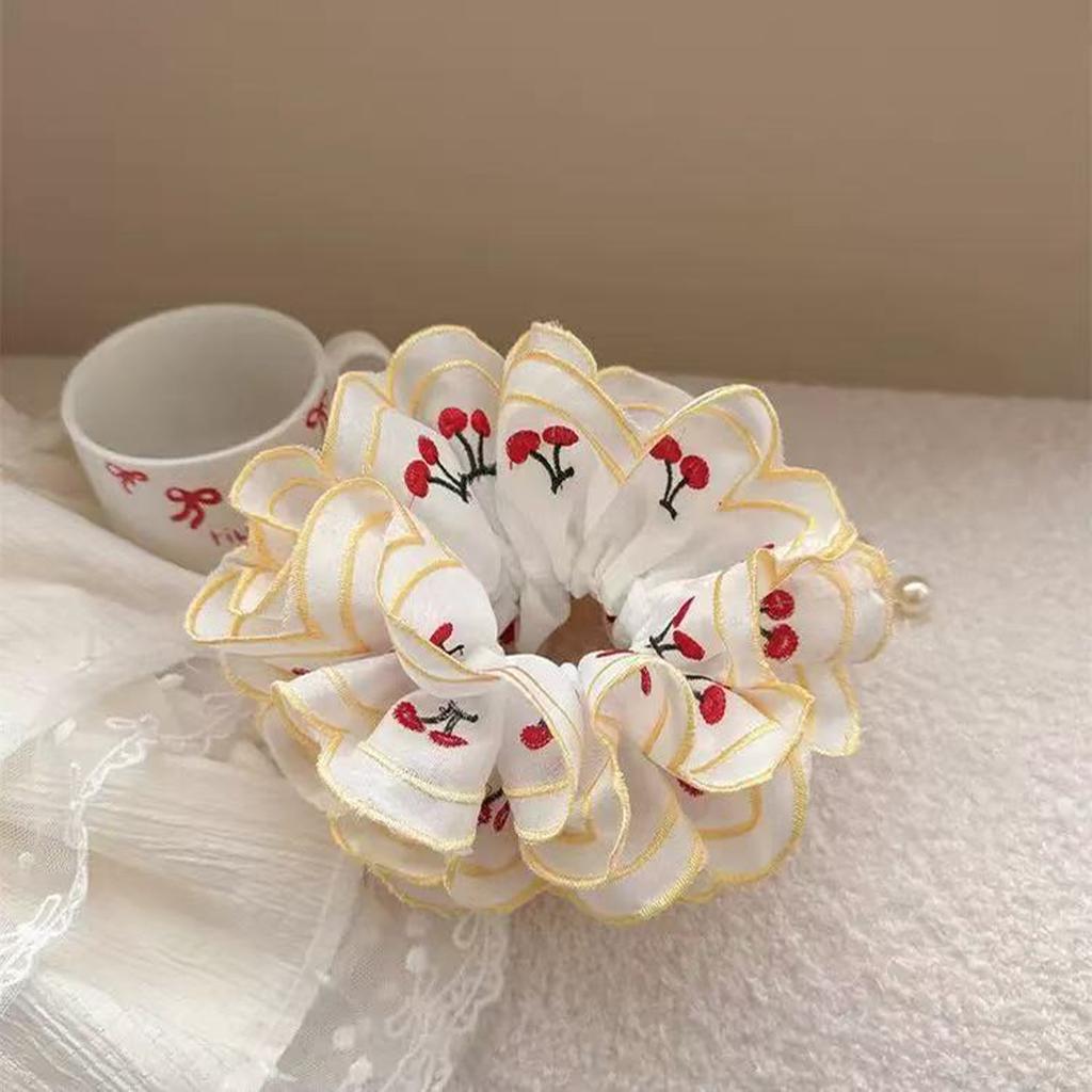Sweet Embroidered Cherry Large Intestine Hair Ring High Elasticity New Sweet Girl Cherry Hair Tie Folded Lace Fabric Hair Rope