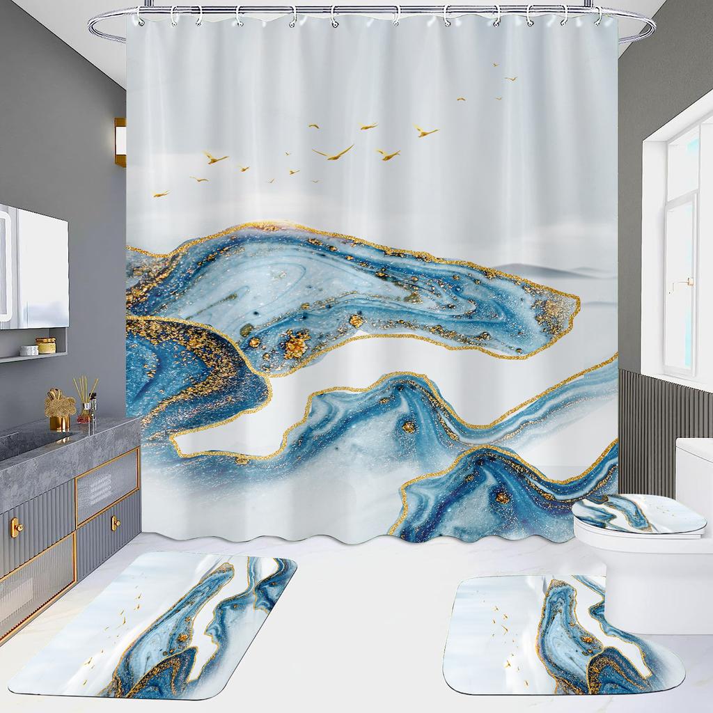 4Pcs Marble Series Shower Curtain Sets for Bathroom Non-Slip Bathroom Rugs Lid Toilet Cover Bath Mat