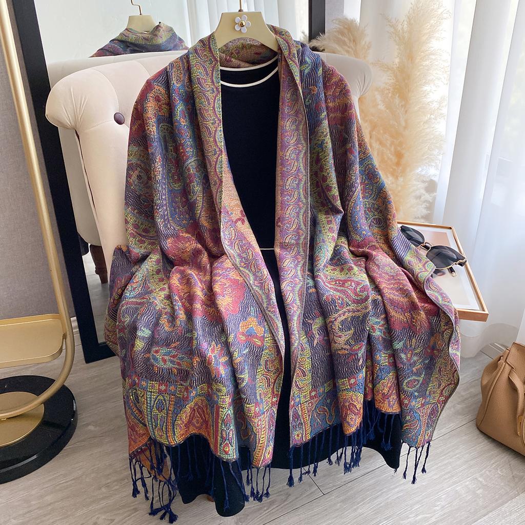 Women'S Fashion Faux Cashmere Winter Wraps Vintage Printed Tassels Thick Warm Pashmina Two-Sided Scarf Outdoor Shawls Foula