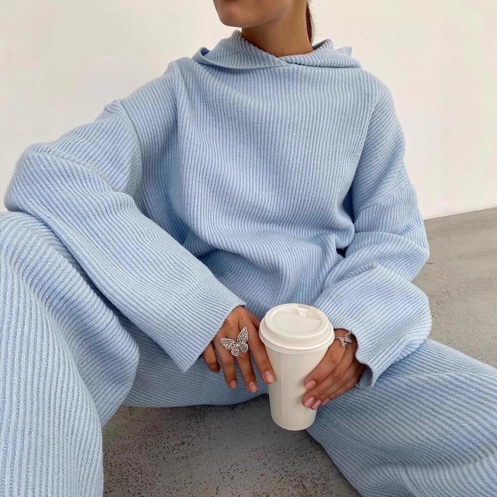 2025 Fall/Winter Women's Casual Set: Solid Color Loose Hooded Sweater with Elastic
