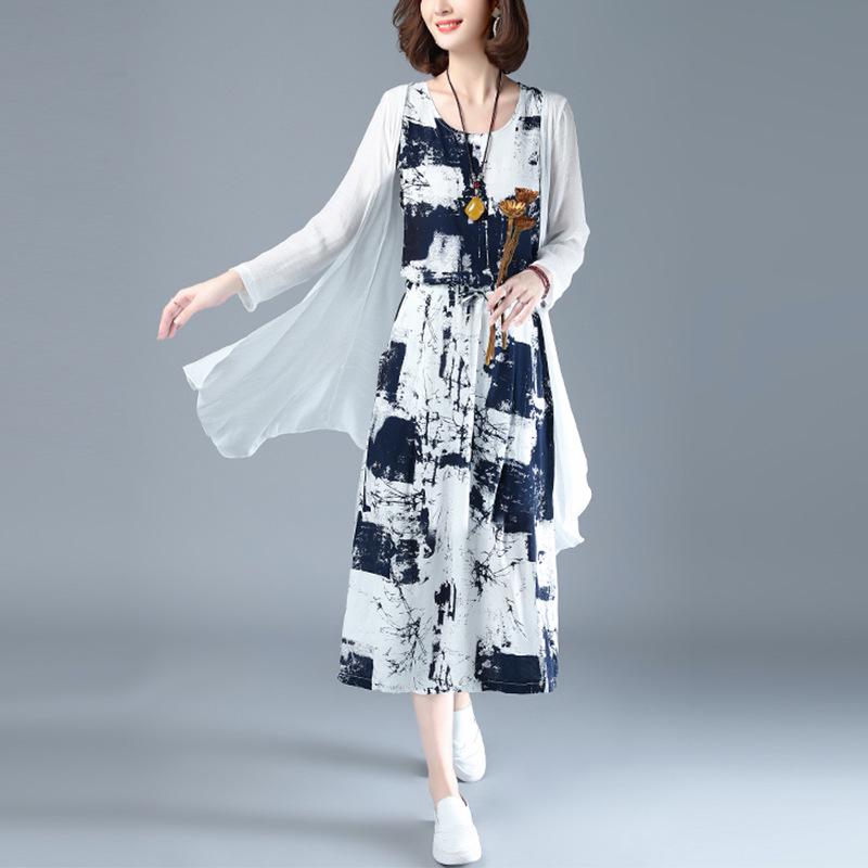 

Women s 2025 Summer Cotton-Linen Ink Print Shawl Two-Piece Dress Set L