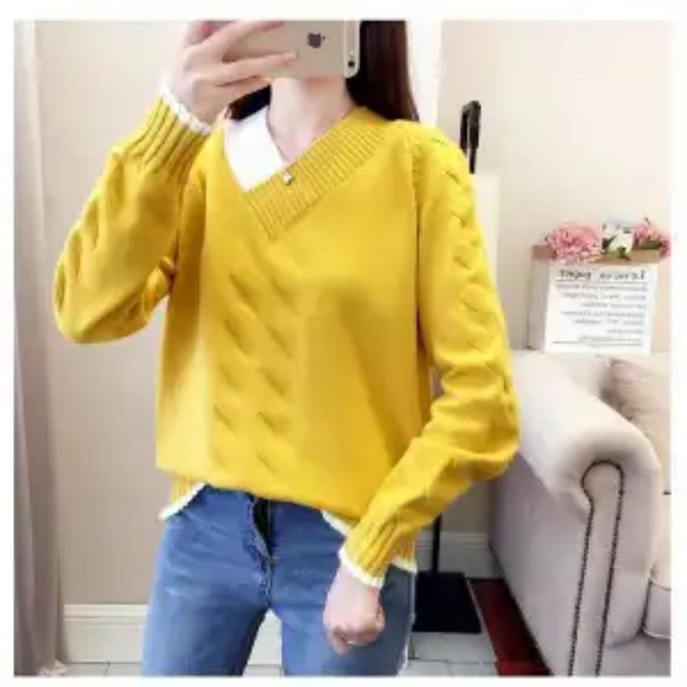 New Autumn and Winter Fashion Korean Version Lazy Style Color Blocking V-neck Plush Loose and Versatile Women's Knitted Sweater