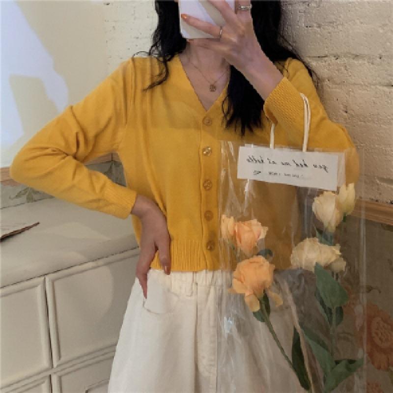 Early Autumn New Knitted Outer Cardigan Short Korean Version V-neck Loose Inner Long-sleeved Thin Sweater Jacket Women's Clothing
